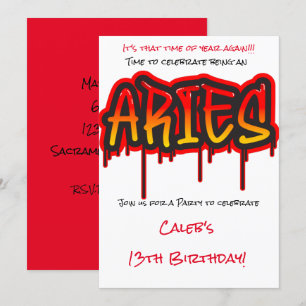Invitación ARIES Signo Zodiacal de Fuego Rojo Fiesta de Cumpl