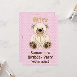 Invitación Aries White Bear en la fiesta de cumpleaños rosada