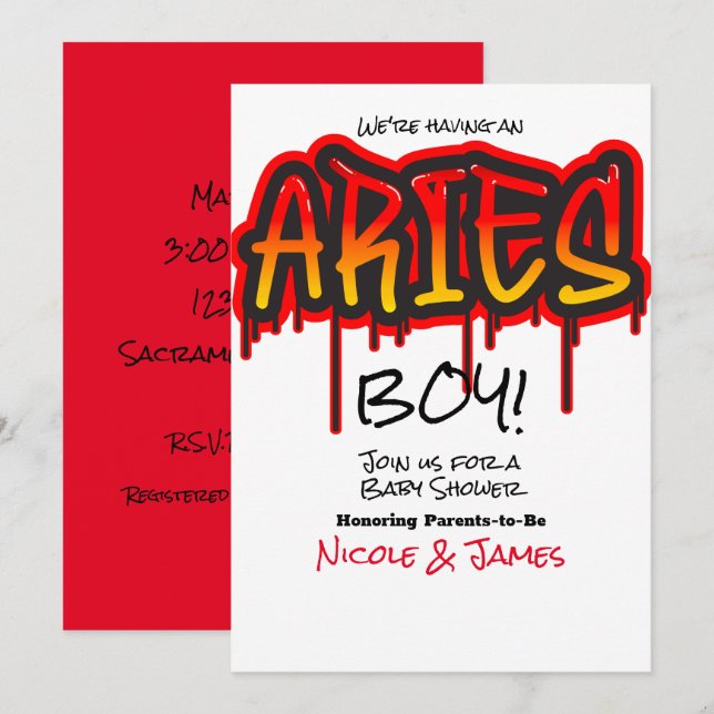 Invitación ARIES Zodiac Fire Rótulo Red Baby Shower (Anverso / Reverso)
