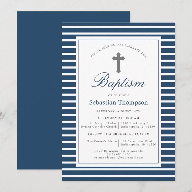 Invitación Armada elegante y bautismo de franjas blancas (Anverso / Reverso)