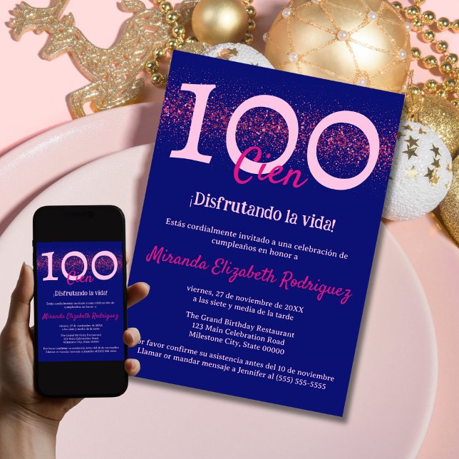 Invitación Armada Española Rosa Chic Femenino Cumpleaños 100 (Subido por el creador)