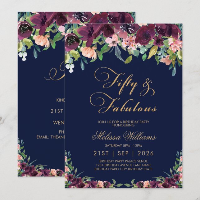 Invitación Armada floral Cincuenta y fabuloso cumpleaños núme (Anverso / Reverso)