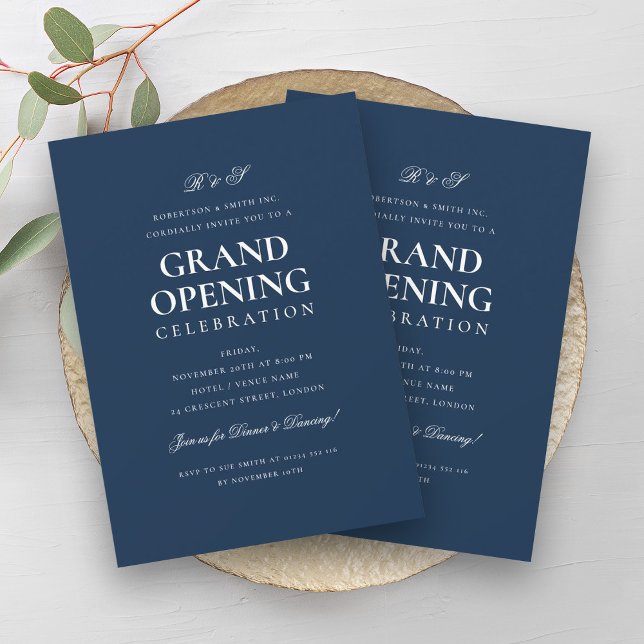 Invitación Armada Monograma de Gran Apertura Corporativa Form (Formal Corporate Grand Opening Monogram Navy Invitation)