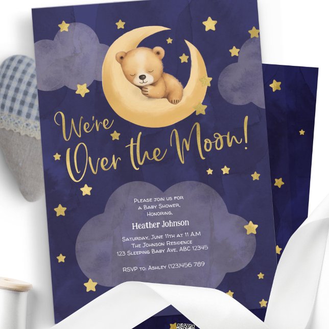 Invitación Armada sobre la luna Teddy Oso Twinkle pequeñas es (Teddy Bear, Over The moon Themed, Baby Shower Shower A7 Invitation.)