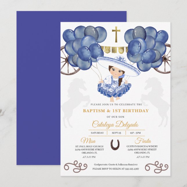 Invitación Armada y Bebé de Oro Charra Globo Bautismo Mexican (Anverso / Reverso)
