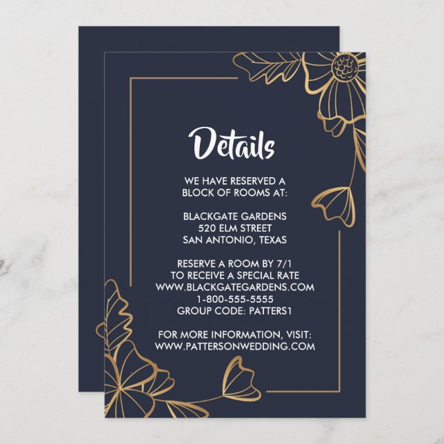 Invitación Armada y cubierta floral dorada (Anverso / Reverso)