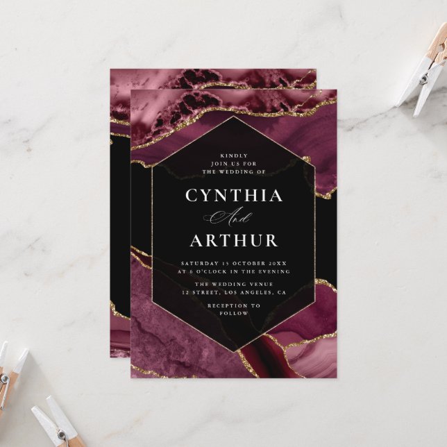 Invitación armazón elegante burgundy y boda de la agata de or (Anverso/Reverso In Situ)