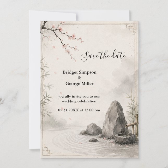 Invitación Armonía Botánica Boda Zen Sakura (Anverso)