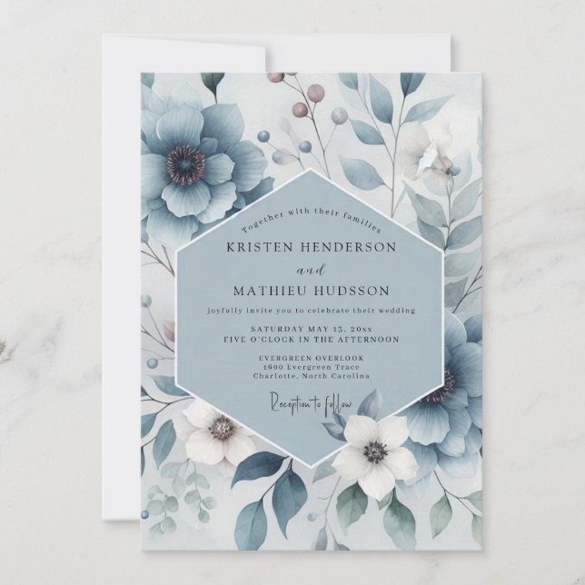 Invitación Armonía Floral Azul Pizarra para Bodas (Anverso)