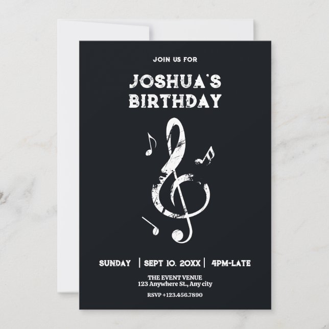 Invitación Armonía musical cumpleaños blanco y negro (Anverso)