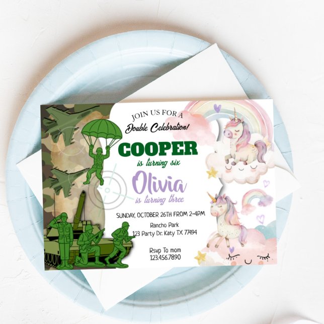 Invitación Army and Unicorn Birthday Invitation | Boy & Girl  (Subido por el creador)