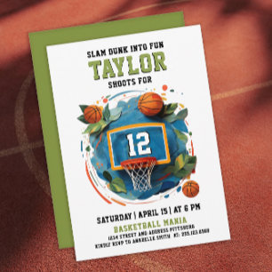 Invitación Aro de Baloncesto Divertido Verde Azul Fiesta de C