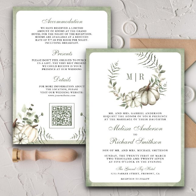 Invitación Aro de Calabaza Verde Salvia Código QR Boda (Subido por el creador)