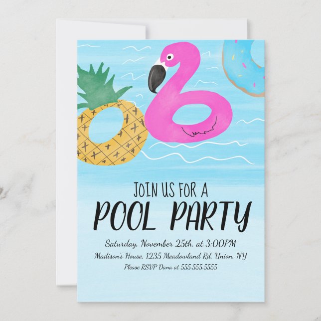 Invitación Aro Inflable de Flamenco Tropical Fiesta Cumpleaño (Anverso)