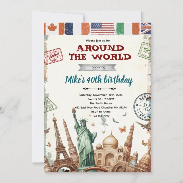 Invitación Around the World Birthday Invitation (Anverso)