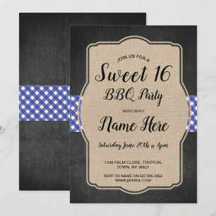 Invitación Arpillera azul de la guinga del Bbq de la fiesta