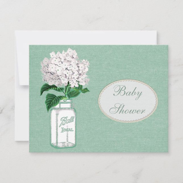 Invitación Arpillera de la verde menta, tarro y Hydrangea (Anverso)