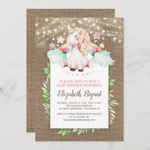 Invitación Arpillera rústica y unicornio mágico Baby Shower