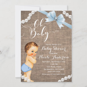 Invitación Arpillera y Perlas Ducha para Niño con Lazo Azul
