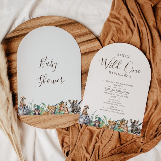 Invitación Arqueado un poco salvaje un Safari Baby Shower (Modern Arched Wild One baby Shower Invitation, Safari Animals baby Shower Invite, Greenery Foliage)