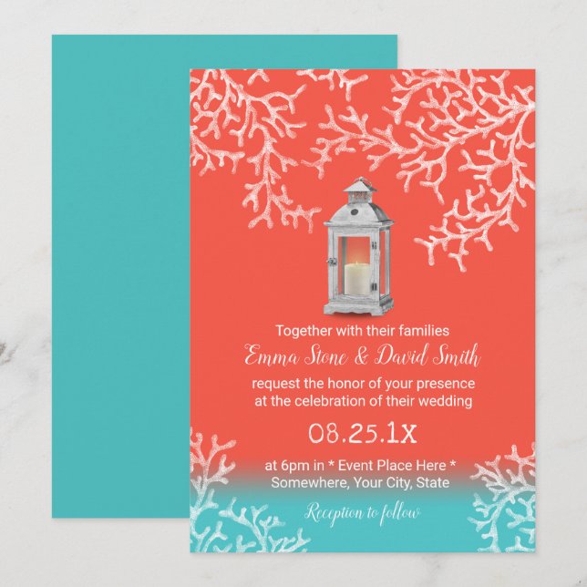 Invitación Arrecife de coral de playa y Boda de farolillos rú (Anverso / Reverso)