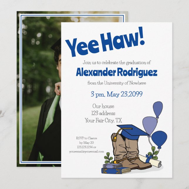 Invitación Arreglo de arranque de capucha azul de graduación (Anverso / Reverso)