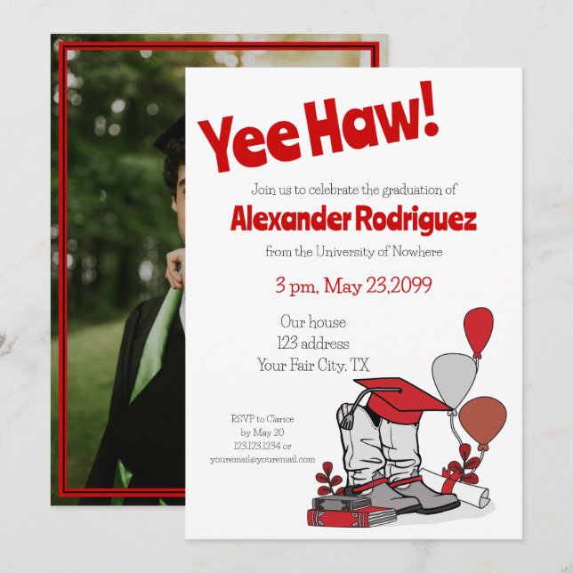 Invitación Arreglo de arranque de capuchón rojo de graduación (Anverso / Reverso)