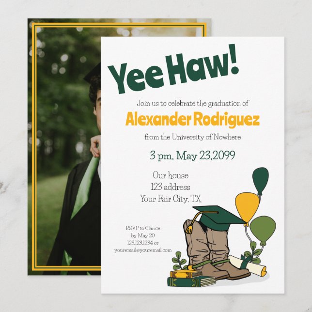 Invitación Arreglo de arranque de Cowboy con gota verde/dorad (Anverso / Reverso)