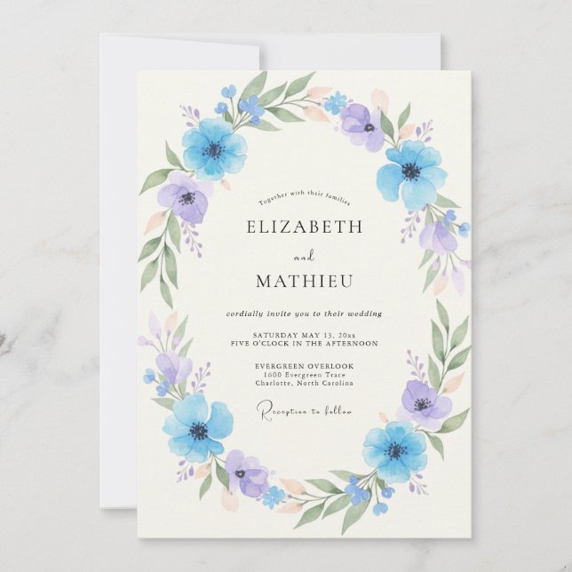Invitación Arreglo de Flor de Cielo Azul Boda (Anverso)