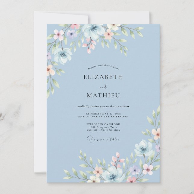 Invitación Arreglo de Floración Azul Cielo Boda (Anverso)
