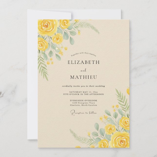 Invitación Arreglo Floral Amarillo de Boda (Anverso)