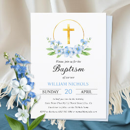 Invitación Arreglo floral azul, bautismo de travesía dorada
