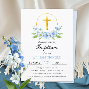 Invitación Arreglo floral azul, bautismo de travesía dorada