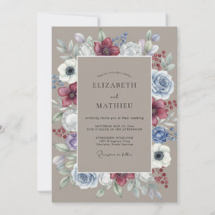 Invitación Arreglo Floral Azul Borgoña Boda