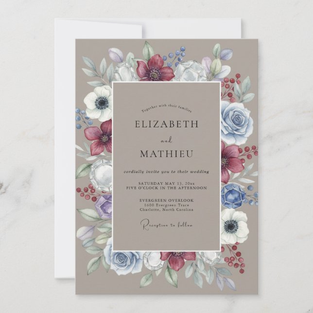 Invitación Arreglo Floral Azul Borgoña Boda (Anverso)