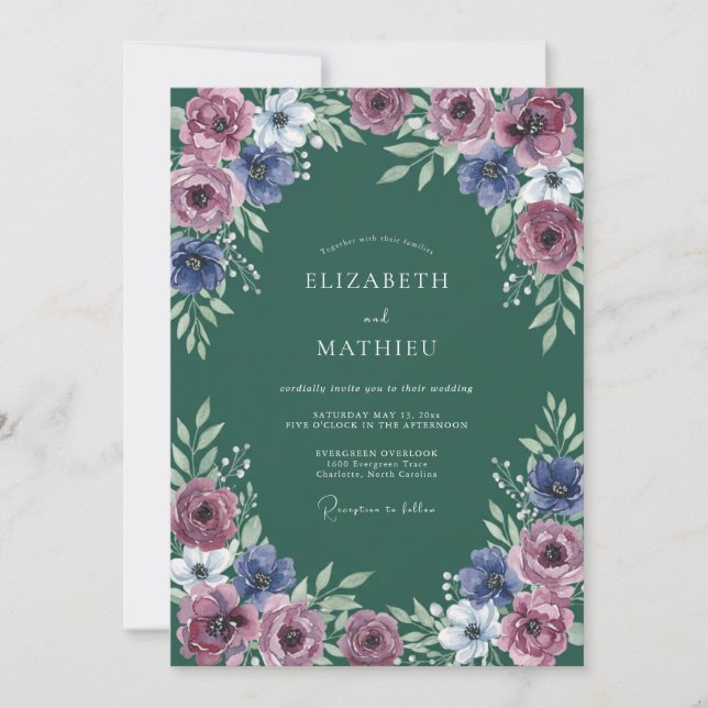 Invitación Arreglo Floral Azul Malva para Boda (Anverso)
