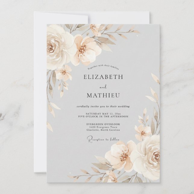 Invitación Arreglo Floral Beige para Boda (Anverso)