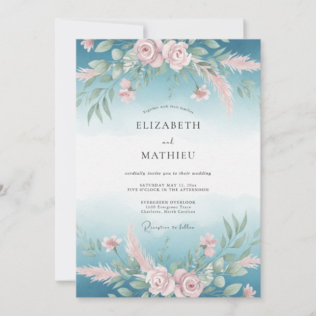 Invitación Arreglo Floral de Boda Teal Blush (Anverso)