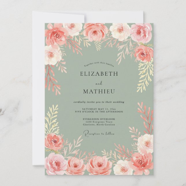 Invitación Arreglo Floral de Coral Romance Boda (Anverso)