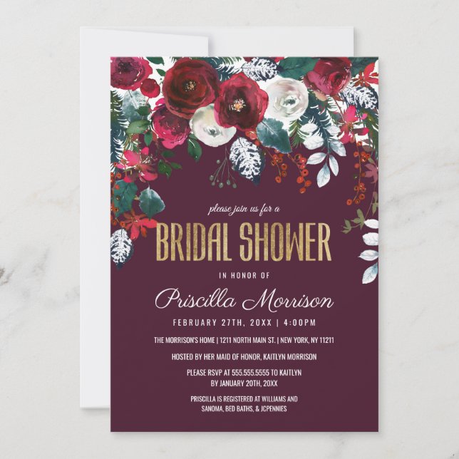 Invitación Arreglo floral de marfil de Borgoña Ducha de novia (Anverso)