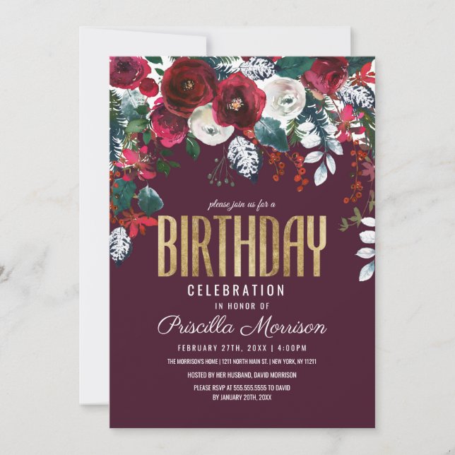 Invitación Arreglo floral de marfil rojo de Borgoña Cumpleaño (Anverso)