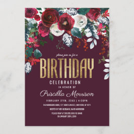 Invitación Arreglo floral de marfil rojo de Borgoña Cumpleaño