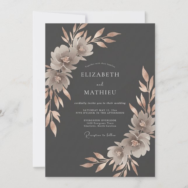 Invitación Arreglo Floral Gris para Boda (Anverso)