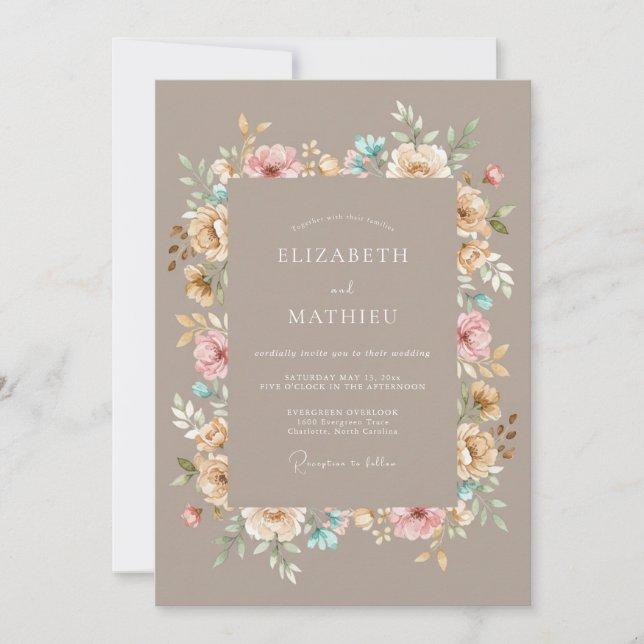 Invitación Arreglo Floral Marrón Romance Boda (Anverso)