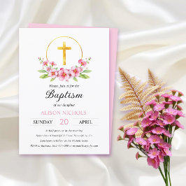 Invitación Arreglo floral rosa, bautismo chica cruzado de oro