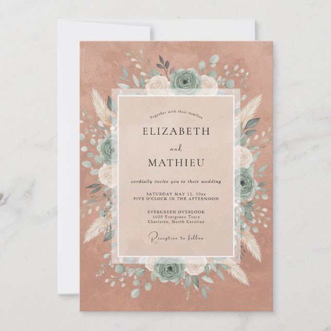 Invitación Arreglo Floral Rosa Polvorienta Boda (Anverso)