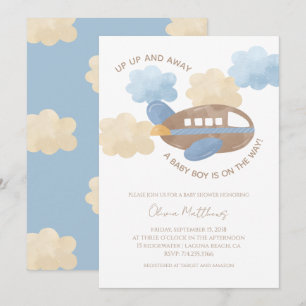 Invitación Arriba Arriba y Lejos Acuarela Avión Niño Baby Sho