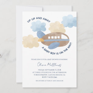 Invitación Arriba Arriba y Lejos Acuarela Avión Niño Baby Sho