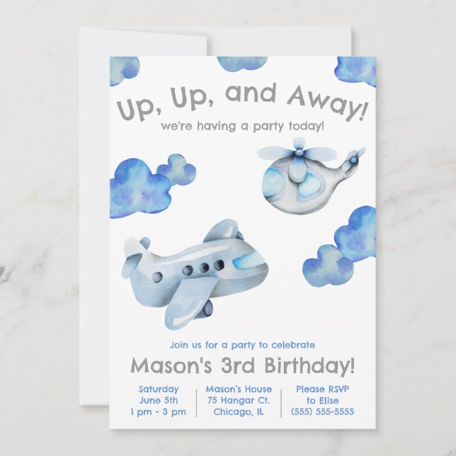 Invitación ¡Arriba, arriba y lejos! Avión, cumpleaños del hel (Anverso)