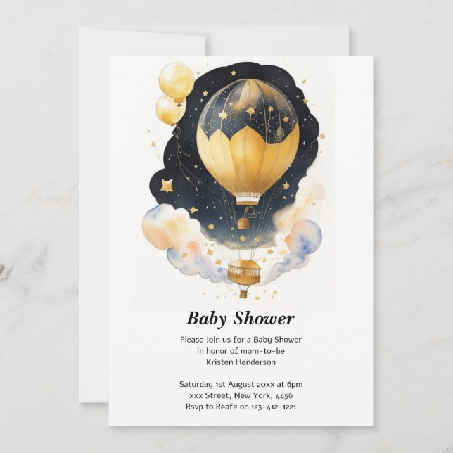 Invitación Arriba, arriba y lejos: Baby Shower de globos cele (Anverso)